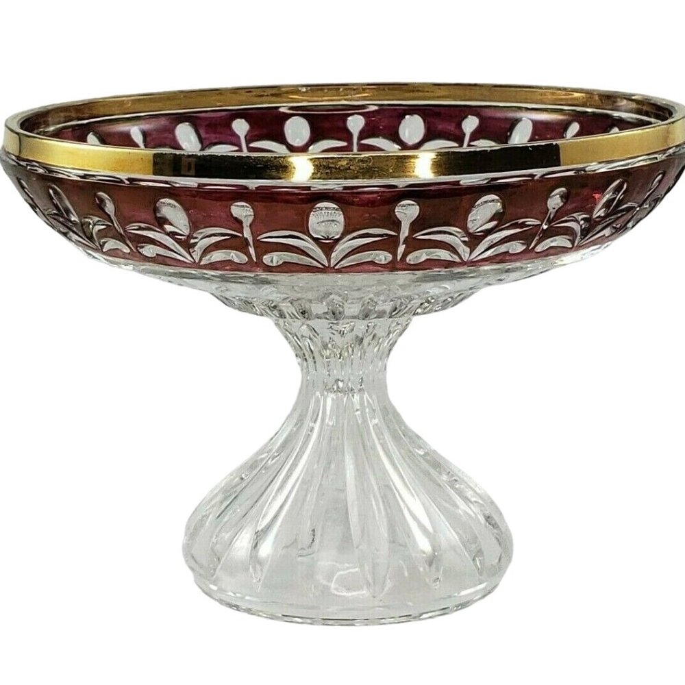 Vintage Anna Hutte Bleikristall Ruby Gold Compote Crystal Pedestal Footed Bowl